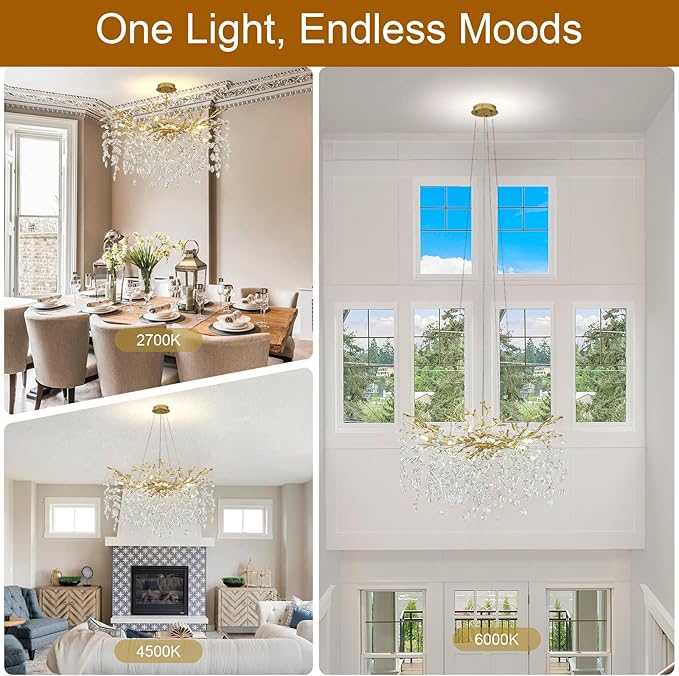 Modern Crystal Chandelier, 31.5" Chandeliers for Dining Room Gold Tree Branch Chandelier Lighting, Round Dining Room Chandeliers Over Table, Branches and Crystals Ceiling Light Fixtures