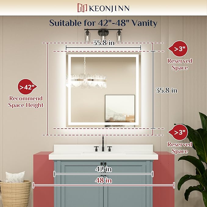 Keonjinn LED Bathroom Mirror with Lights 36" x 36", Frontlit & Backlit LED Mirror for Bathroom Wall with Dimmable 3-Color Lights, Anti-Fog Mirror with HD Tempered Glass, UL-Listed LED Driver