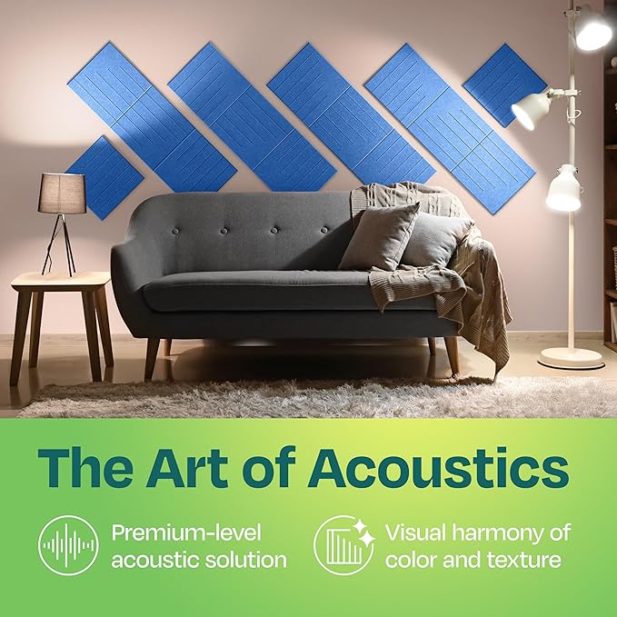 Acoustic Panels 12-Pack Soundproof Wall Panels 12"x12"x0.4" Decorative Sound Dampening for Your Home, Office, Studio, Bedroom & More with Unique LineWave Carving [Grand Blue]