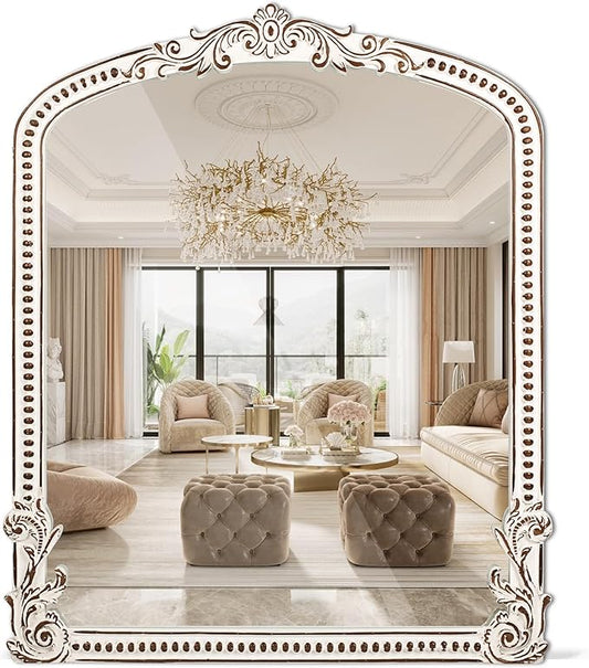 30x35 Inch Baroque Farmhouse Arched Wall Mirror Wooden, Rustic Distressed Decorative Mirrors for Fireplace, Living Room, Bedroom, Entryway, Bathroom