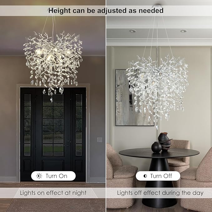 24 in Crystal Chandelier for Dining Room, Round Silver Tree Branches Chandeliers, Top K9 Crystal Chandelier, Modern Chandeliers for Kitchen,Foyer Entryway,Luxury Adjustable Hanging Chandeliers