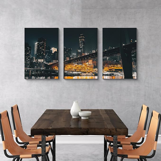 NAN Wind 3PCS Chongqing City Nightscape Canvas Wall Art Illuminated Chinese Skyline with Bridge Skyscrapers Modern Urban Landscape Photography Print for Living Room Office Bedroom Decor