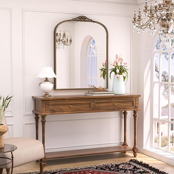 Keonjinn Gold Vintage Mirror 30" x 36", Antique Brass Mirrors for Wall Decor, Arched Decorative Mirror for Mantle, Hallway, Living Room, Fireplace, Bedroom, Bathroom Mirror with French Cleat Mounting