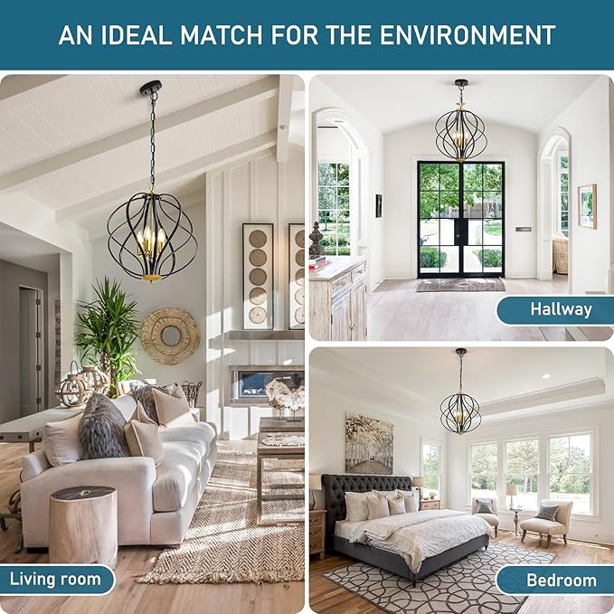 17” Modern Black and Gold Chandelier for Dining Room - 4-Light Industrial Sphere Pendant Light, Hanging Geometric Chandelier for Kitchen, Entryway, Foyer, Stairs