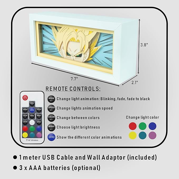 Anime LED Light Box, Manga Shadow Box Frame, Paper Cut, Table Lamp for Anime Enthusiasts, RGB Multi Color, Night Light for Room Decor, Unique Anime Desk Decor (Super Saiyan)