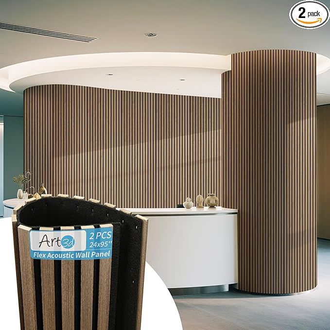 Art3d Acoustic Wood Slat Wall Panel with Roll-Flat Design - 95.3 x 23.8 Inch Sound Absorbing Panels for Living Room Columns Corridor Curved Wall Decor, 2-Pack Ebony