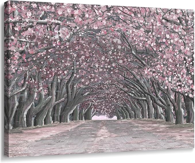 Nicetop Pink Wall Art–Abstract Floral Trees Artwork Canvas Print Romantic Cherry Blossom Nature Forest Path Archway Landscape Picture Decor for Bedroom Girls Room Bathroom, 16x12 Inch