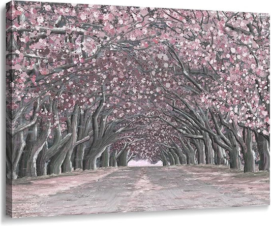 Nicetop Pink Wall Art–Abstract Floral Trees Artwork Canvas Print Romantic Cherry Blossom Nature Forest Path Archway Landscape Picture Decor for Bedroom Girls Room Bathroom, 16x12 Inch