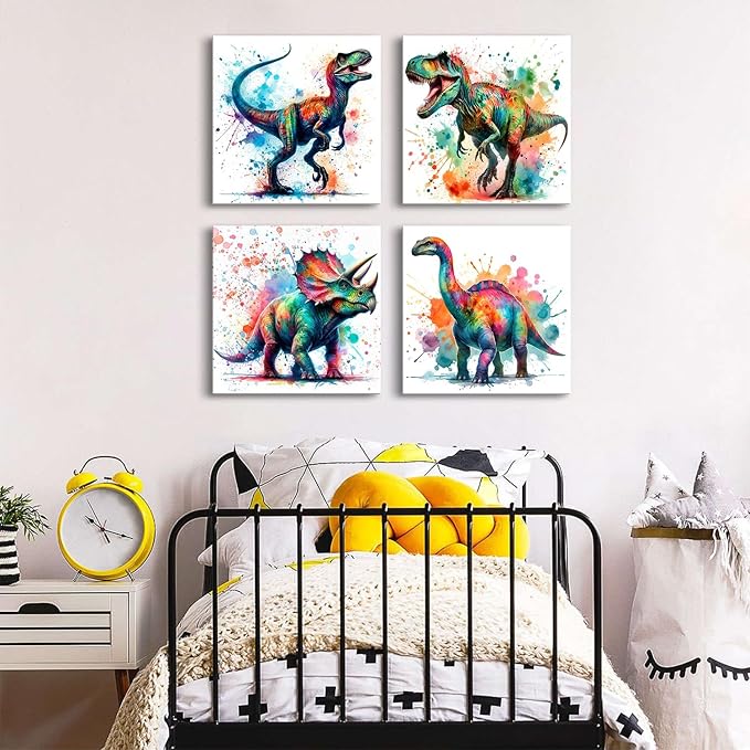 Colorful Dinosaur Canvas Wall Art for Boys Watercolor Dinosaur Painting Prints Kids Bedroom Dino Pictures Wall Decor Toddler Nursery Animal Poster Artwork Bathroom Home Decorations 16x16” 4Pcs