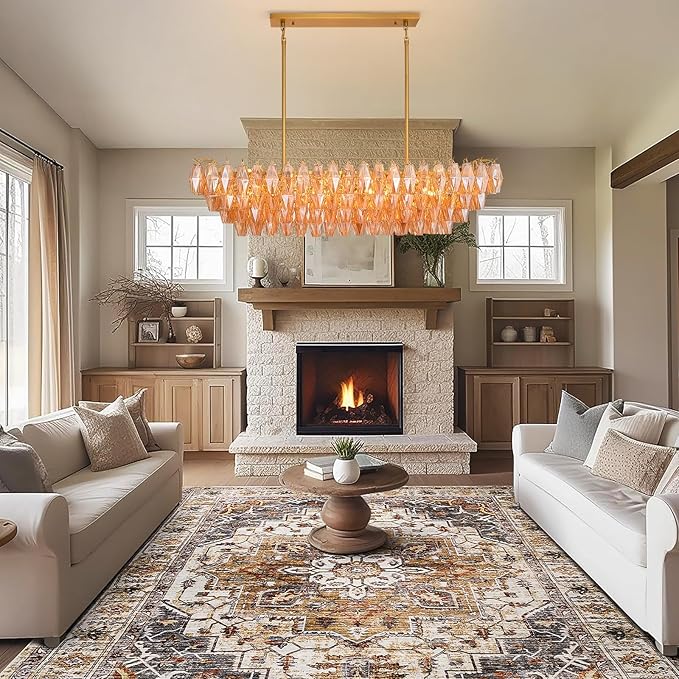 Modern Gold Rectangular Chandeliers for Dining Room, 14-Light 4 Tiered Crystal Brass Chandelier Over Dining Table, Amber Glass Chandeliers for Kitchen Island, Long Chandelier for Living Room