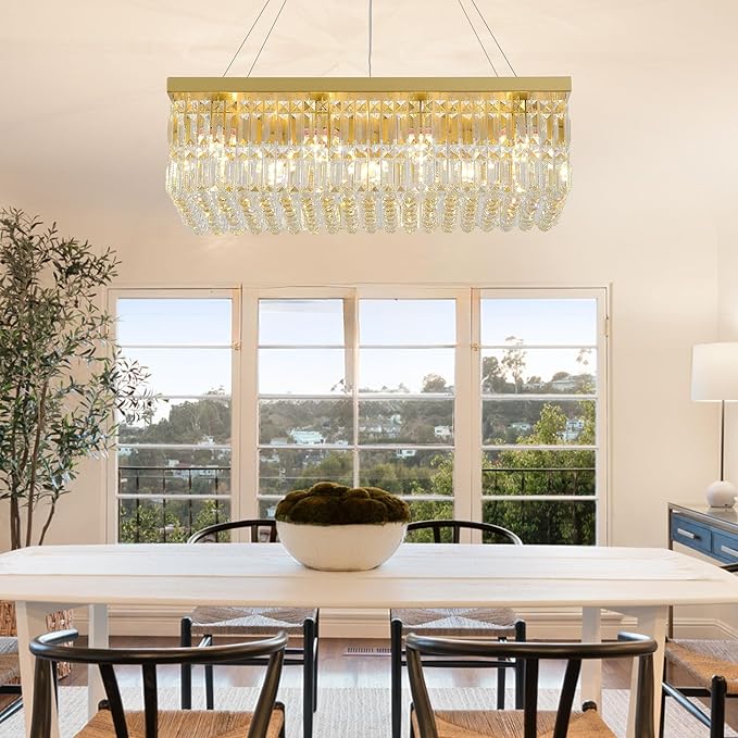 Luxury Gold Rectangular Crystal Chandelier 12-Light, 31.5" Modern K9 Raindrop Chandelier with Adjustable Chain, Dimmable Ceiling Light Fixture for Dining Room, Kitchen Island, Entryway 31.5"L x 10"W