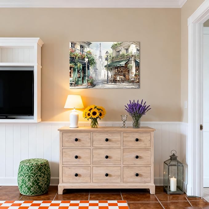 Modern Framed Street View Wall Art European Coffee Shop Canvas Print, Contemporary City Scene Painting, Vintage Cafe Artwork for Kitchen Dining Room Living Room, Bedroom Home Decor, Multi Size