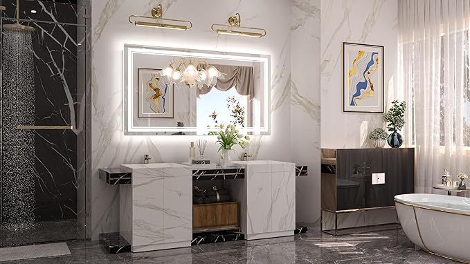 Keonjinn LED Bathroom Mirror with lights, 55" x 30" with Frontlit and Backlit, Stepless 3 Colors Temperature & Dimmable Large Tempered Glass Mirror, UL Listed LED Driver Double LED Strip Vanity Mirror