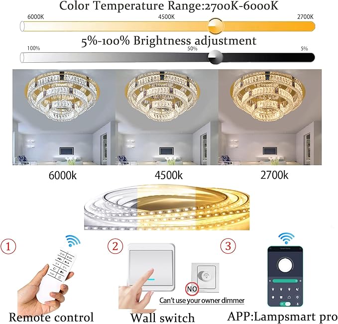 32in Flush Mount Crystal Chandelier Modern LED Gold Ceiling Light 3 Tier Crystal Chandelier for Living Room Dining Room Dimmable 3000k-6000k