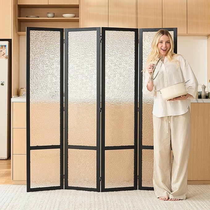 4 Panel Acrylic Room Divider Privacy Screen - Freestanding Frosted Translucent Partition, Lightweight Modern for Home Office Studio (Black, 4 Panels)