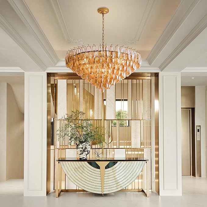 Large Chandelier, 37" Gold Smoke Glass Chandelier for Living Room, 14-Light Round Drum Kitchen Island Hanging Light Fixture Perfect for Dining Room, Bedroom,Kitchen, Foyer