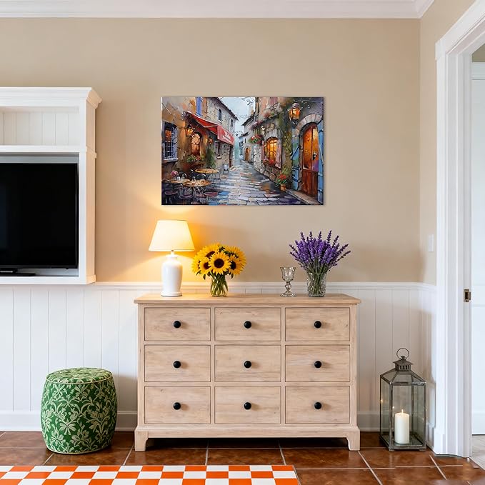 Modern Framed Street View Wall Art European Coffee Shop Canvas Print, Contemporary City Scene Painting, Vintage Cafe Artwork for Kitchen Dining Room Living Room, Bedroom Home Decor, Multi Size (Street 01, 24L"×16W")