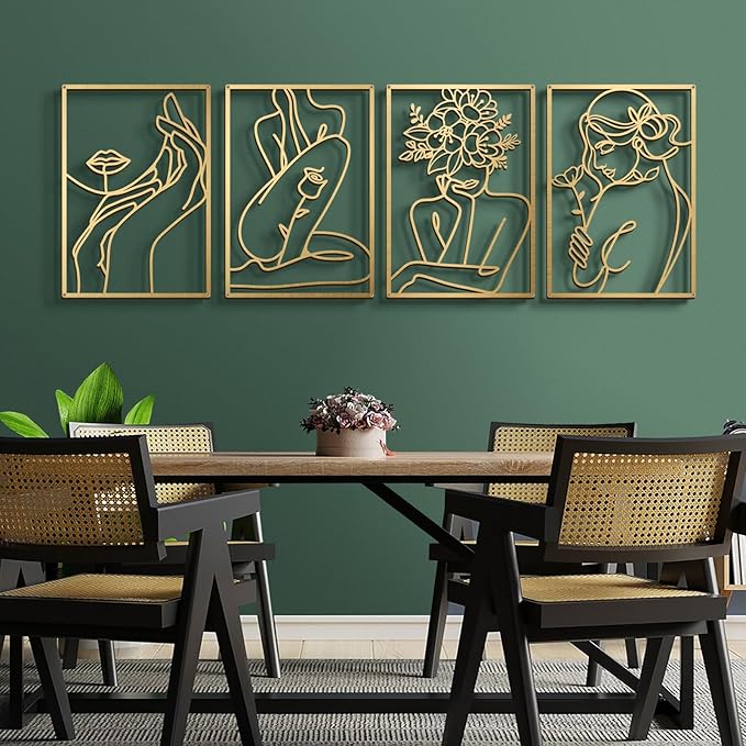 Bakovity Gold Metal Wall Art, Abstract Flower Line Sculpture, Gold Minimalist Modern Wall Decor for Living Room, Bedroom, Bathroom (4 Pieces, 17 x 12 Inches)