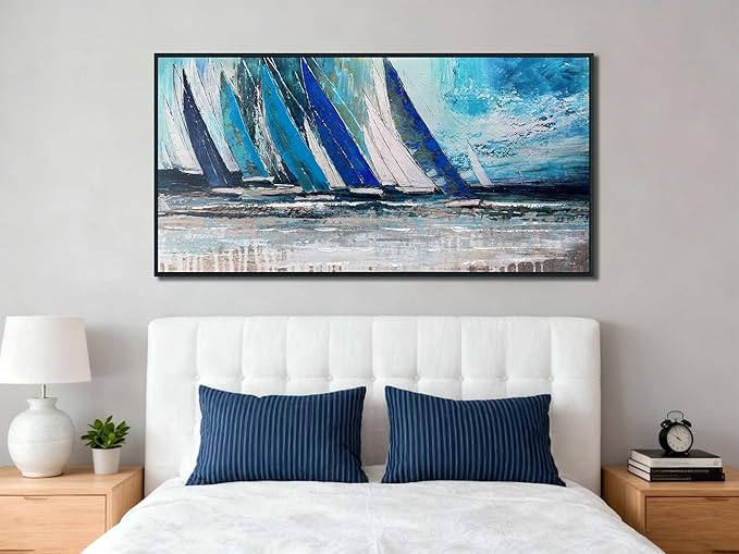 Arjun Framed Wall Art Blue Abstract Wall Art Canvas for Living Room, Teal Coastal Nautical Sailboat Picture Painting Artwork Bedroom Home Office Wall Decor, Black Wood Large 48"x24"