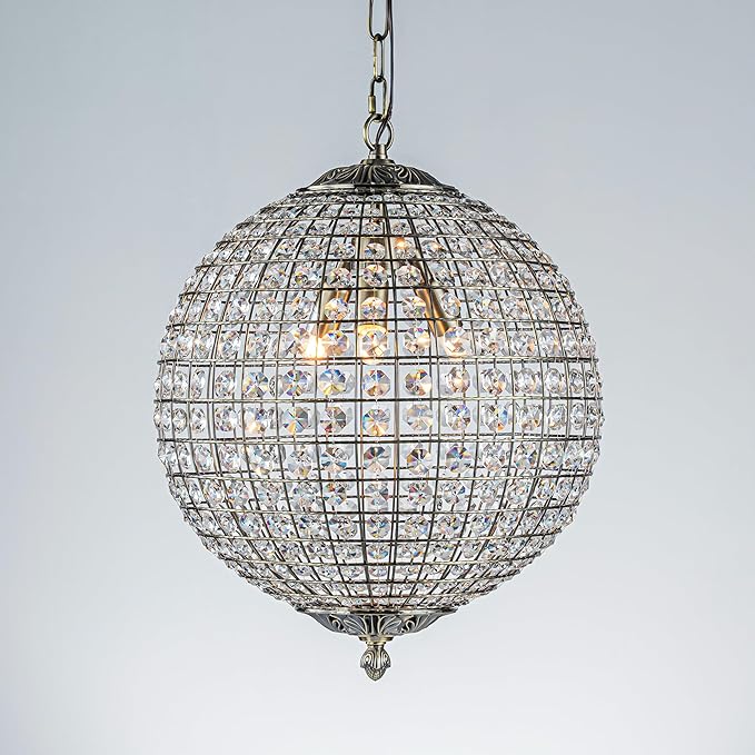 ALOADECOR 3-Light 16" Retro Antique Gold Crystal Globe Chandelier Sphere Cage-Style Shade Pendant Light for Kitchen Isl and Dining Room