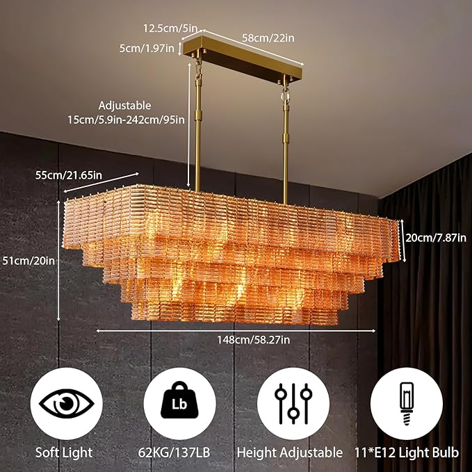Large Chandelier for Dining Room, 59" 11-Light Amber Rectangular Chandeliers for High Ceilings, Modern Gold Kitchen Island Hanging Light Fixture for Living Room, Dining Room, Kitchen Island, Foyer