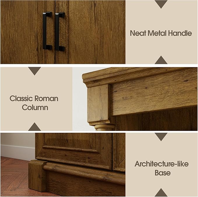 72" Roman Column Bookcase with Double Door Cabinet, 5 Tiers Tall Bookshelf Shelves Storage Anti Tip Kit, Classic American European Modern Multi Style Design for Living Room Study Office, Vintage Oak