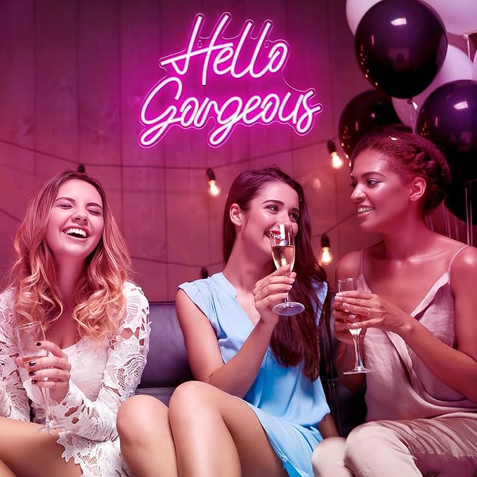 Kavaas Hello Gorgeous Neon Signs for Wall Decor, Hello Gorgeous Neon Light Sign with Dimmable Switch - Hello Gorgeous Sign for Girls Bedroom, Makeup Room Decor (Pink)