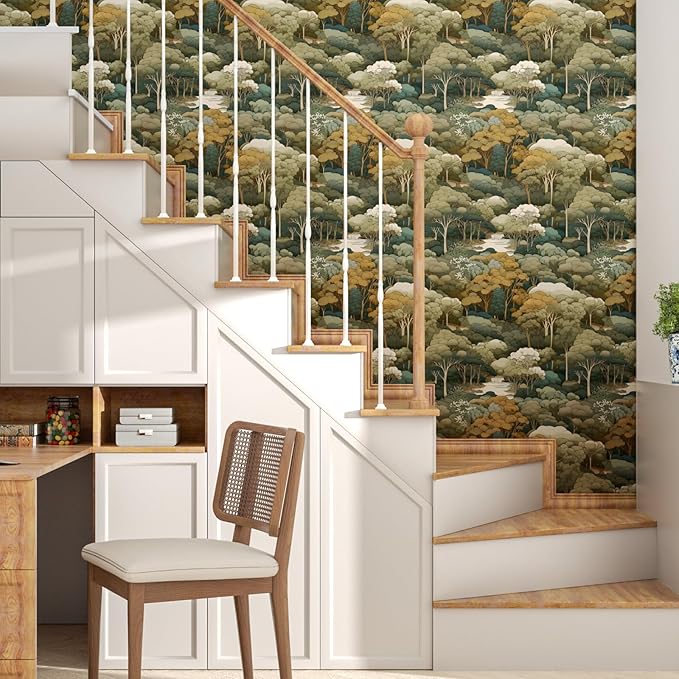 Autumn Forest Wallpaper Peel and Stick Vintage Yellow Woodland Trees Contact Paper Waterproof Self-Adhesive Wall Paper for Bedroom Countertop Desk Cabinets Shelf Decor 17.4" x 118" Renter Friendly