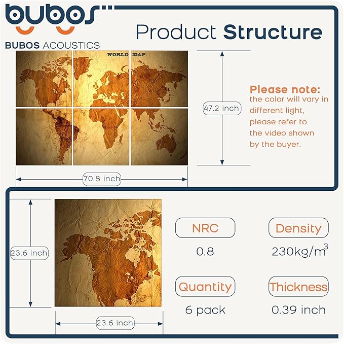 BUBOS 6 Pack Art Acoustic Panels Soundproof Wall Panel,70.8X47.2 Inches Large Sound Absorbing Panel,Self-Adhesive Decorative Acoustical Wall Panels, Acoustic Treatment for Home Office（World Map）