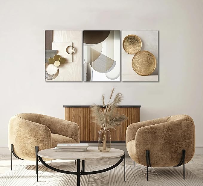 3 Pcs Abstract Gold Geometric Boho Canvas Wall Art Mid Century Modern Minimalist Aesthetic Luxury Metal Artwork Pictures Wall Decor Posters Prints for Living room Bedroom Office Home Decoration