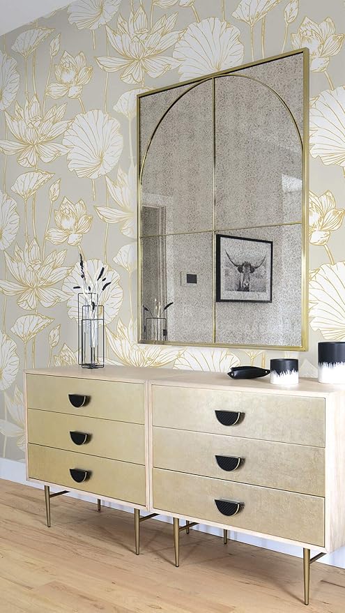 NextWall Lotus Floral Peel and Stick Wallpaper (Metallic Gold & Gray)