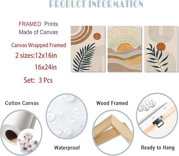 3Pcs Framed Boho Abstract Wall Art Orange Rainbow Sun Desert Minimalist Picture Mid-Century Modern Poster Prints Neutral Botanical Geometric Canvas Painting Wall Decor for Living Room 24L" x 16W"