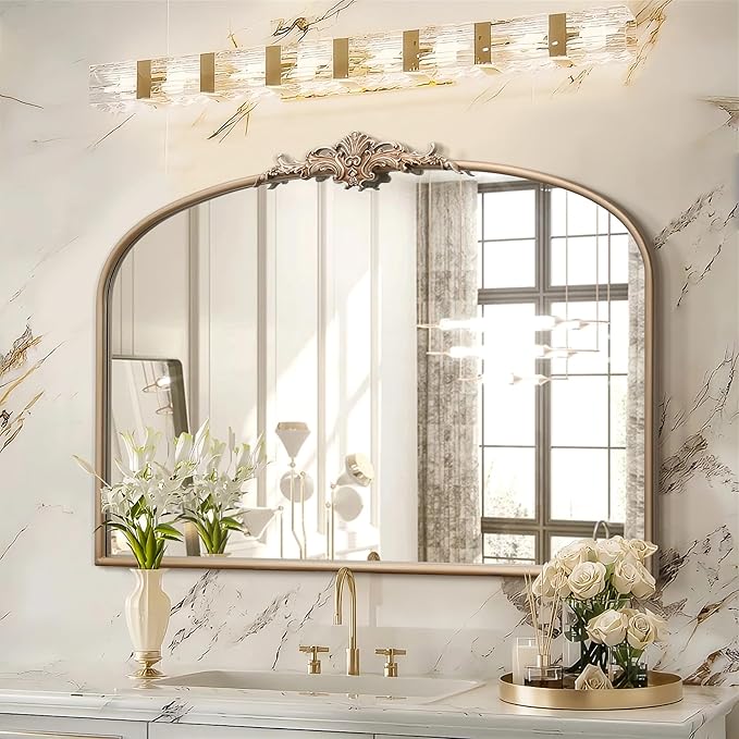 Arched Vintage Gold Mirror: 40"x30" Large Champagne Gold Antique Wall Mounted Mirror - Baroque Traditional Ornate for Fireplace/Bathroom/Living Room - Home Decor for Housewife