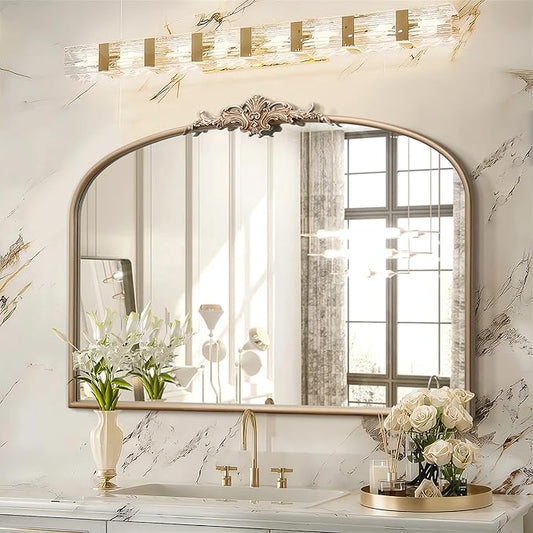 Arched Vintage Gold Mirror: 40"x30" Large Champagne Gold Antique Wall Mounted Mirror - Baroque Traditional Ornate for Fireplace/Bathroom/Living Room - Home Decor for Housewife