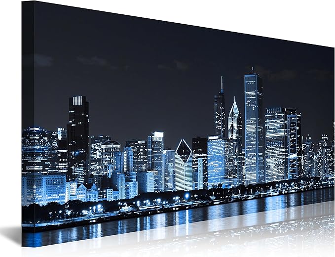 NAN Wind Chicago City Center Skyline Canvas Prints Modern Office Decor Chicago Skyline Canvas Art Cityscape Wall Decorations Blue Wall Decor for Living Room Pictures for Bedroom Decorations