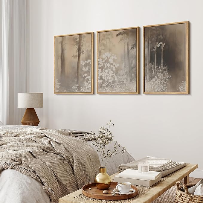 MUDECOR Framed Wall Art Print Set Neutral Forest Landscape Beige and Gray Watercolor Illustrations Realism Decorative for Living Room, Bedroom, Office - 16"x24"x3 Natural