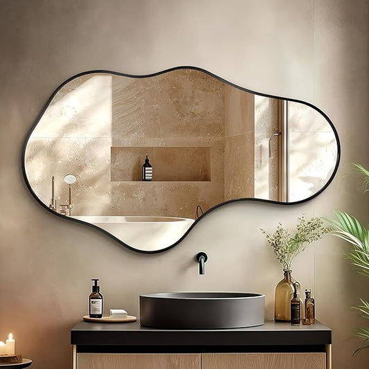 Mirror Full Length - Wall Mirrors Decorative 26"x 43" Asymmetrical Abstract Aviation Aluminum Alloy Frame Unique for Bathroom, Bedroom, Living Room, Cloakroom, Entryway Black