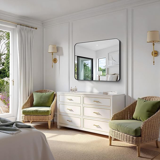 KOCUUY Bathroom Mirror 36"x40", Black Rectangle Mirrors for Wall, Large Metal Framed Vanity Mirror with Rounded Corner for Bedroom Living Room and Entryways Hangs Horizontal/Vertical