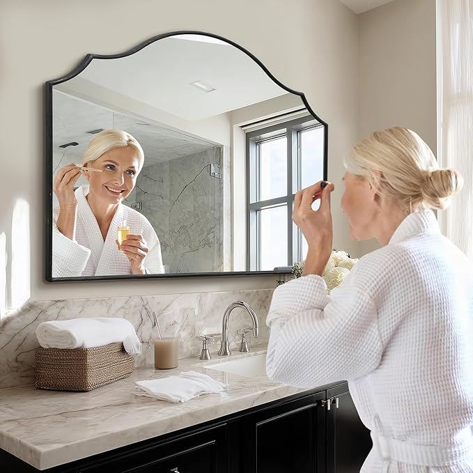 Black Scalloped Wall Mirror: 40"x29" Large Modern Minimalist Vanity Arched Mirror for Home Decor/Living Room/Bedroom/Fireplace/Mantle/Entryway