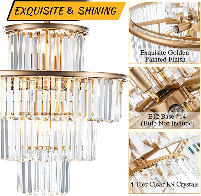 23" 14-Light Modern Crystal Chandelier Light Fixtures 4-Tier Gold Luxury Chandeliers for Dining Room Round Hanging Pendant Lighting for Living Room Kitchen Entryway Bedroom Foyer Hallway