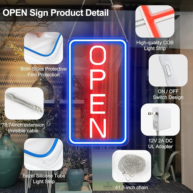22.8"x 11.8" Ultra Bright 12V Neon Open Sign for Business, LED Open Neon Sign, Electric Light up Signs for Stores, Restaurants Offices Retail Shops Window (Blue-Red-Vertical)