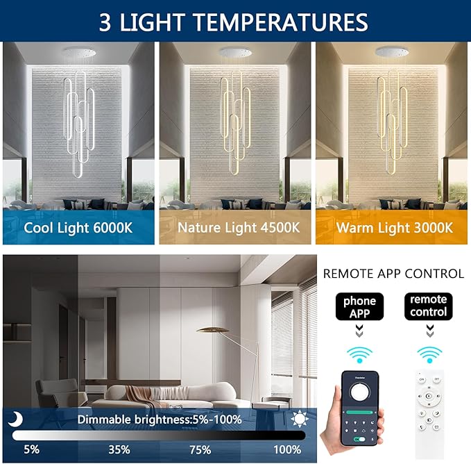 6 Rings Modern Chandelier LED Dimmable Pendant Lighting High Ceiling Chandelier for Entrance Foyer Lobby Staircaes Sliver 118''