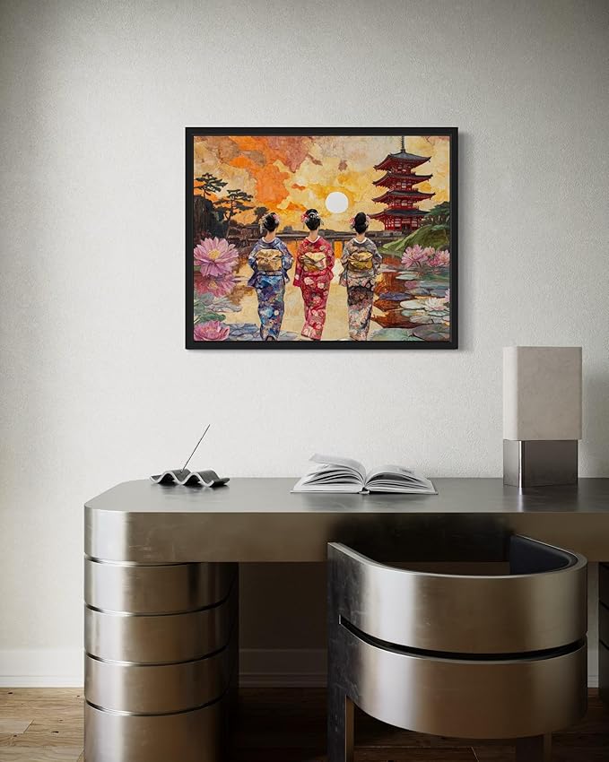Japan Art Print Poster, Asia Oriental Countries Culture Wall Art Asian Paintings for Bedroom Bathroom Living Room Decor 97 (Japan, 11 x 14 inches, Black Frame)