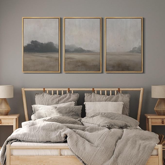 MUDECOR Framed Wall Art Print Set Serene MeadowTranquil Landscape with Foggy Fields and Distant Trees Illustrations Realism Decorative for Living Room, Bedroom, Office - 24"x36"x3 Natural