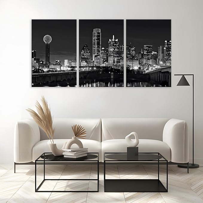 NAN Wind 3 Pcs Dallas Skyline Canvas Wall Art Black and White Cityscape Night Scene Modern City Giclee Prints on Canvas Framed Urban Home Decor Skyscrapers Picture Painting for Room Decor