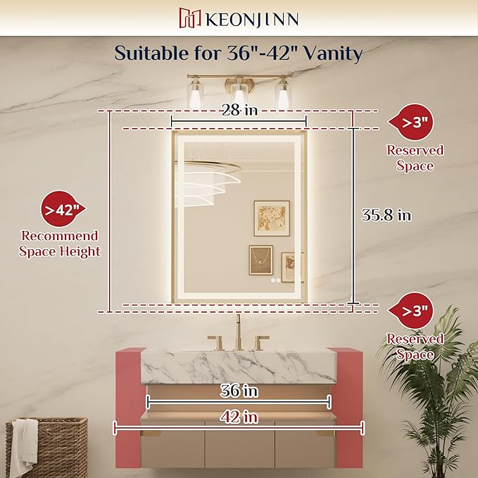 Keonjinn 28 x 36 Inch Gold LED Bathroom Mirror with Frontlit & Backlit, Lighted Mirrors for Bathroom Wall, UL Listed LED Driver, Tempered Glass, Metal Framed Beveled Edge, 3000K/4500K/6000K, Defogging