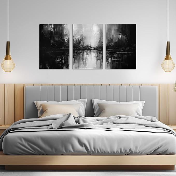 Large Abstract Canvas Wall Art for Living Room,Black and White Pictures Wall Art for Bedroom 16 x 24 Inch x 3 Pieces