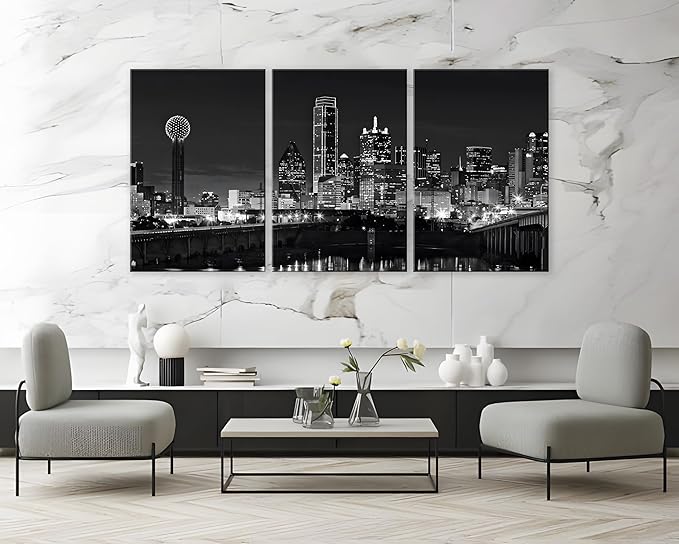 NAN Wind 3 Pcs Dallas Skyline Canvas Wall Art Black and White Cityscape Night Scene Modern City Giclee Prints on Canvas Framed Urban Home Decor Skyscrapers Picture Painting for Room Decor