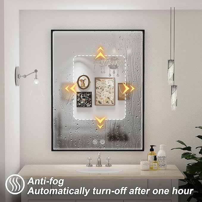 36x28 Inch LED Bathroom Mirror with Light,Black Metal Frame Lighted Vanity Anti Fog Dimmable Touch Switch
