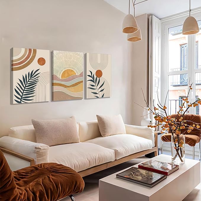 3Pcs Framed Boho Abstract Wall Art Orange Rainbow Sun Desert Minimalist Picture Mid-Century Modern Poster Prints Neutral Botanical Geometric Canvas Painting Wall Decor for Living Room16L x 12W